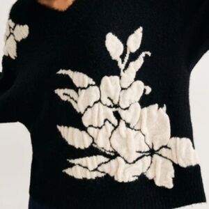Commense Black Sweater with White Floral Design